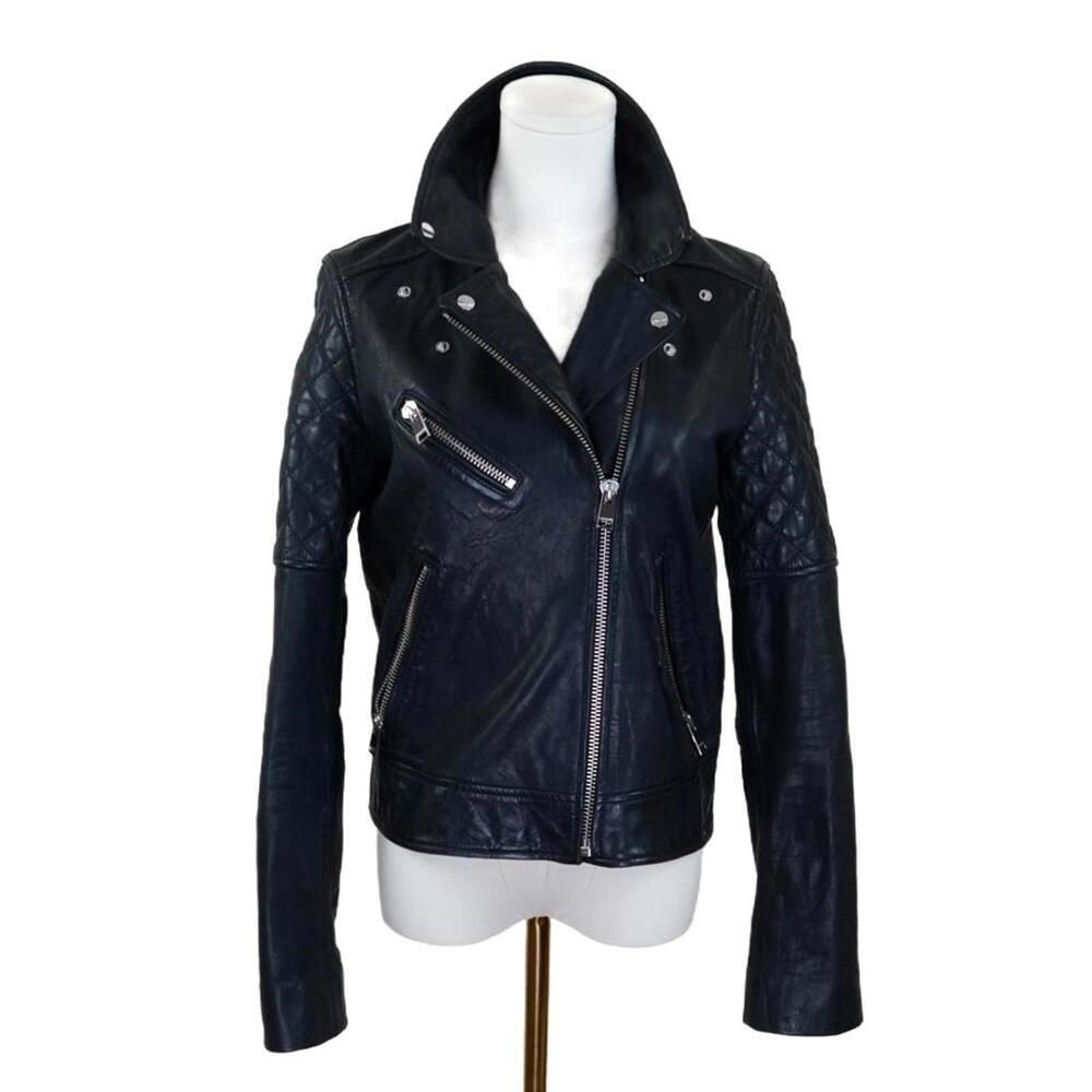 Black Leather quilted Moto biker Jacket 
 Size Small